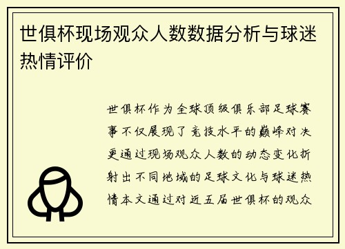 世俱杯现场观众人数数据分析与球迷热情评价